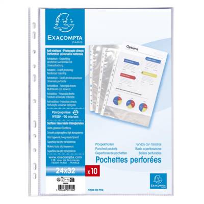 Sachet de 10 pochettes perforées PP haute qualité 9/100e - 24x32cm vertical - Cristal