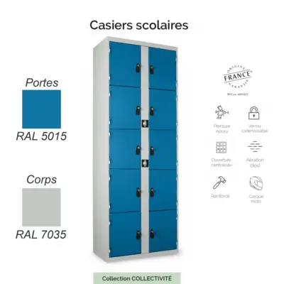 Bloc de 10 Casiers Scolaires Visitables – Sécurité et Robustesse
