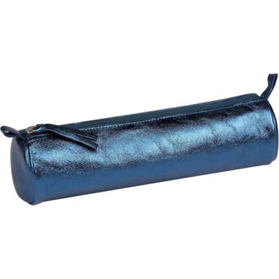 Trousse Scolaire Cuirisé Ronde Ø5,5x22 cm Véritable Cuir irisé Indigo