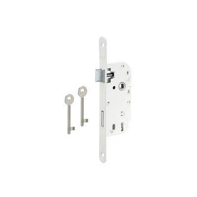 Serrure axe 40 mm pêne dormant 1/2 tour époxy blanc têtière bouts ronds 2 clés - Gedimat - THIRARD