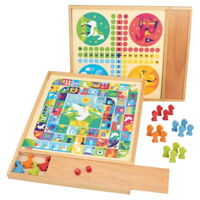 Jeux de l'oie et Petits Chevaux - Plateau avec Plumier en Bois - JEUJURA