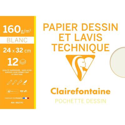 Pochette papier dessin & lavis technique 24x32 12F 160g Blanc
