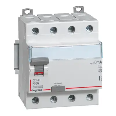 Interrupteur différentiel DX³-ID haut/bas vis - 4P 400V~ 63A typeAC 30mA - 4 mod - AURELEC