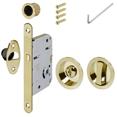 Set pour porte coulissante tire-doigt + poignée cuvette ronde finition laiton brillant avec verrou de condamnation - Gedimat - SCRIGNO