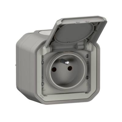 Prise de courant avec terre avec volet PLEXO gris 16A - Gedimat - LEGRAND