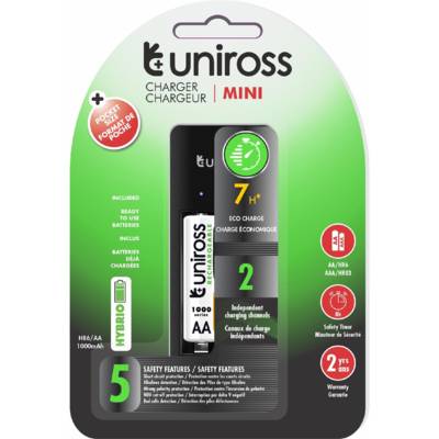 Chargeur Mini Hybrio AA/AAA + 2 piles rechargeables AA 1,2 V inclus