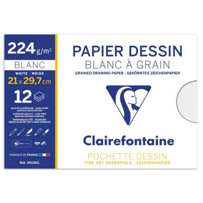Pochette 12 Feuilles Dessin à grain A4 224g Blanc - CLAIREFONTAINE