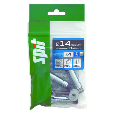 Cheville acier D14x55mm avec vis en inox tête hexagonal D8x60mm - sachet de 4 pièces - Gedimat - SPIT