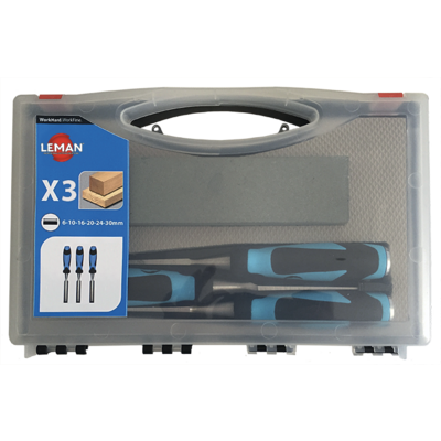 Coffret de 3 ciseaux à bois LEMAN manche bi matière + 1 pierre - 780.500.03 - LEMAN S.A