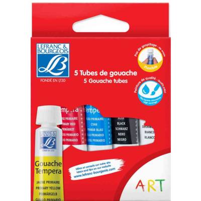 Etui de 5 Tubes flexibles Gouache 10 ml Blanc Noir Rouge Jaune Bleu