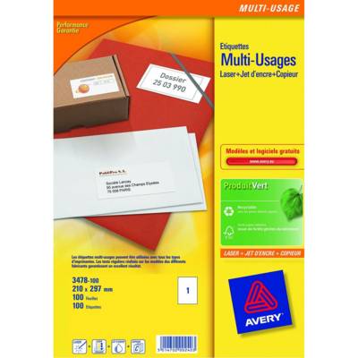 Boite de 100 étiquettes blanches multi usages 210x297mm pour laser. jet d'encre et copieur