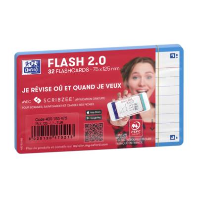 Paquet de 32 Fiches Bristol flashcards 2.0 Non Perforées 75x125 mm A7 ligné turquoise