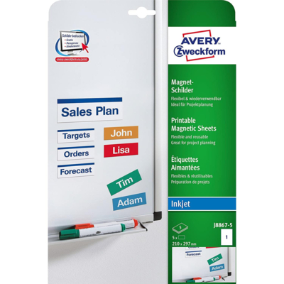 Etui de 5 Etiquettes Magnets A4 imprimable et découpable inkjet Blanc