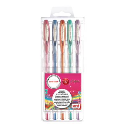 Etui de 5 rollers encre gel Signo pointe moyenne 0,7mm Couleurs métal assorties - Uni-Ball