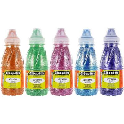 Lot 5 flacons 250 ml Peinture à l'eau Pailletée Orange, Vert, Magenta, Bleu et Violet