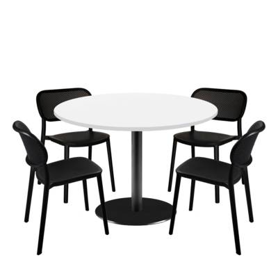 Lot table Ø120cm & 4 chaises - pied noir plateau blanc uni - intérieur - RestooTab