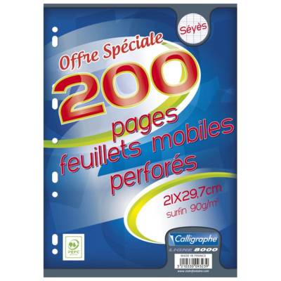 Paquet 100 Feuillets Mobile 21x29,7 cm 200 pages Perforées Seyès 90g