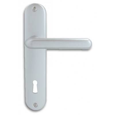 Ensemble de poignées de porte TIGNES sur plaque aluminium finition argent avec trou de serrure - Gedimat - DT 2000