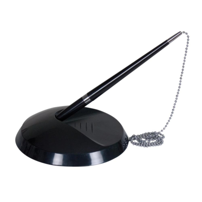 Stylo-bille sur socle plastique lesté noir chaînette nickelée rechargeable trait bleu