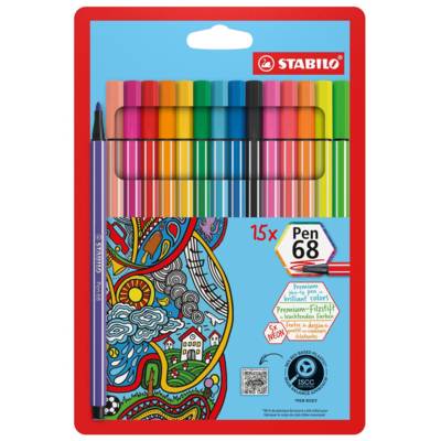 Pochette de 15 feutres de Dessin PEN 68 Pte ogive Moyenne 1 mm dont 5 fluo - STABILO