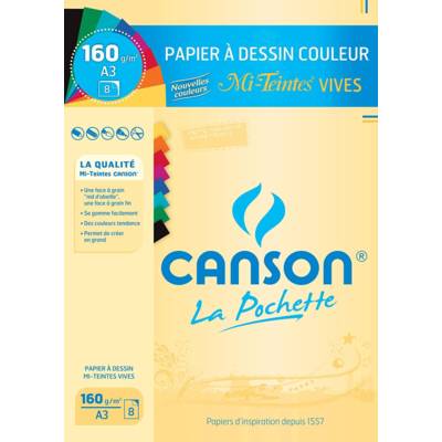 Pochette de 8 Feuilles Papier dessin Mi-Teintes 160g A3 couleur vive - CANSON
