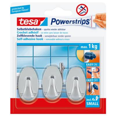 Pack 3 Crochets Adhésifs Powerstrips SMALL + 4 Powerstrips Ovale chrome