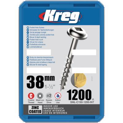 Vis à trous de poche 38 mm Revêtu de Zinc Maxi-Loc, Filetage épai, 1200 - KREG - SML-C150-1200-INT