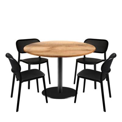 Lot table Ø120cm & 4 chaises - pied noir plateau bois tanin clair - intérieur - RestooTab