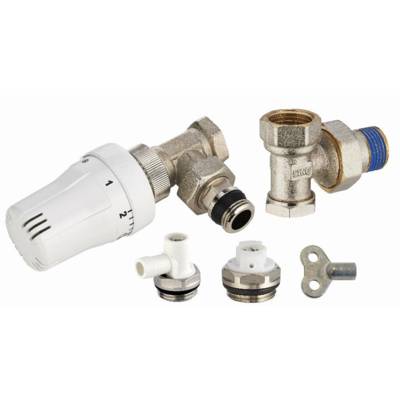 Kit complet de radiateur thermostatique comprenant 1 robinet thermostatique équerre mâle M1/2' + coude de réglage mâle M1/2' + 1 robinet de vidange à bec orientable M1/2' + 1 bouchon purgeur à bec orientable M1/2' + 1 clé à carré de 5 - 803569 - NOYON & T
