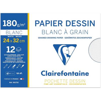 Pochette 12 feuilles de dessin à grain 24x32 180g Blanc - CLAIREFONTAINE