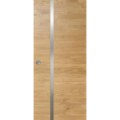 Porte coulissante pleine SIGNATURE INOX parement chêne massif brossé incrustation inox - 204 x 73 cm - poignée coquille - Gedimat - ROZIÈRE