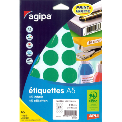Etui 10 feuilles A5 de 240 pastilles gommettes rondes 30 mm vert