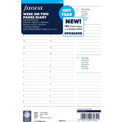 Recharge Format A5 NON DATEE semainier vertical avec heures multilingue - FILOFAX