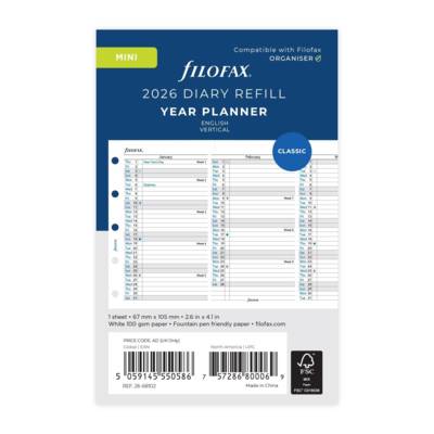 Mini Planning annuel vertical - anglais - 2026