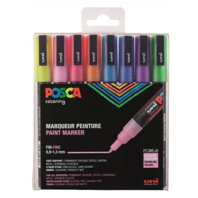 Set de 8 Marqueurs PC3ML pointe conique fine en plastique Pailleté