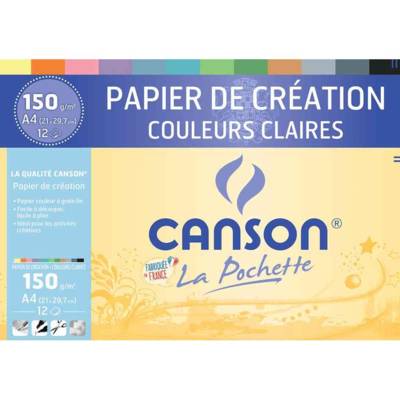 Pochette de 12 feuilles de papier de création A4 150 g couleurs claires assorties - CANSON