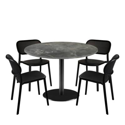 Lot table Ø120cm & 4 chaises - pied noir plateau pierre métallisée - intérieur - RestooTab