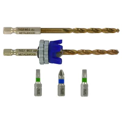 4 pièces - Kit Terrasse mèche & fraise HSS 2en1 Bois Métal Ø 5mm + 1 foret HSS + 3 embouts Inox - TIVOLY - 11900770500 - Maxoutil
