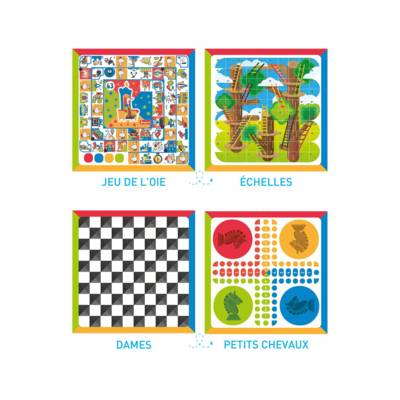 Coffret "4 jeux" de societe et jeu de cartes - pions en bois