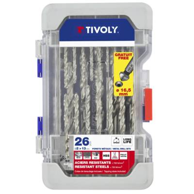 Coffret 26 pièces TIVOLY - 25 forets métaux HSS taillés meulés pointe en croix Ø 2 à 13mm + 1 fraise à noyer HSS Ø 16,5mm - 11452070002 - Maxoutil