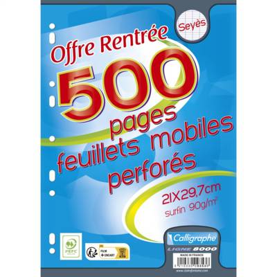 Feuillets mobiles s/film 21x29,7 perforés 500p séyès 90g