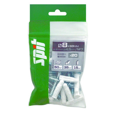 Cheville D8x33mm pour patte à vis - sachet de 20 pièces - Gedimat - SPIT