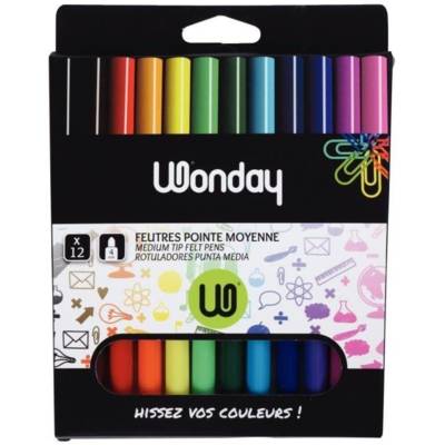 Boite de 12 feutres pointe moyenne couleurs assorties - WONDAY