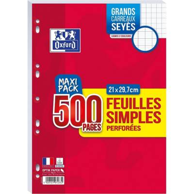 Feuilles simples perforées A4 500 pages 90 g grands carreaux - OXFORD