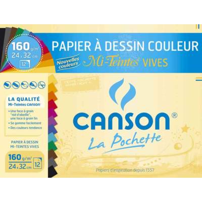 Pochette de 12 feuilles de papier dessin Mi-Teintes 320 x 240 mm 160g couleurs vives