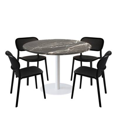 Lot table Ø120cm & 4 chaises - pied blanc plateau marbre royal - intérieur - RestooTab