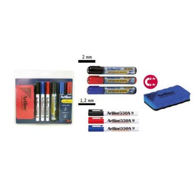 Kit pour tableau blanc : 1 brosse magnétique + 6 marqueurs 3 assortis