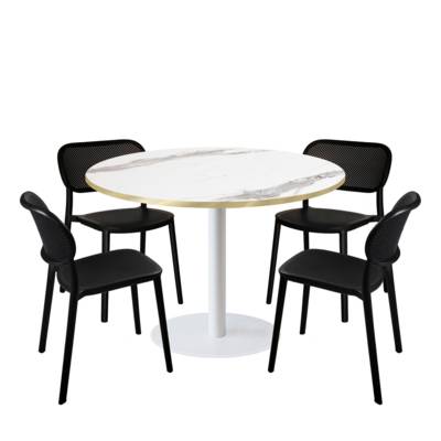 Lot table Ø120cm & 4 chaises - pied blanc plateau marbre blanc chants laiton - intérieur - RestooTab