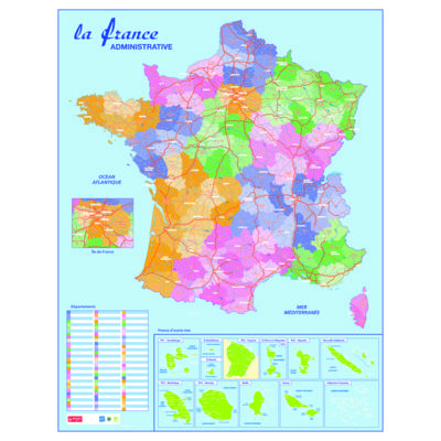 Carte murale souple pelliculée effaçable "France Administrative" 84,5 x 66 cm