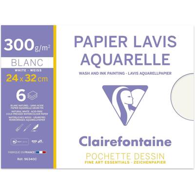 Pochette 6 Feuilles Papier Lavis Aquarelle 24x32 cm 300g - CLAIREFONTAINE